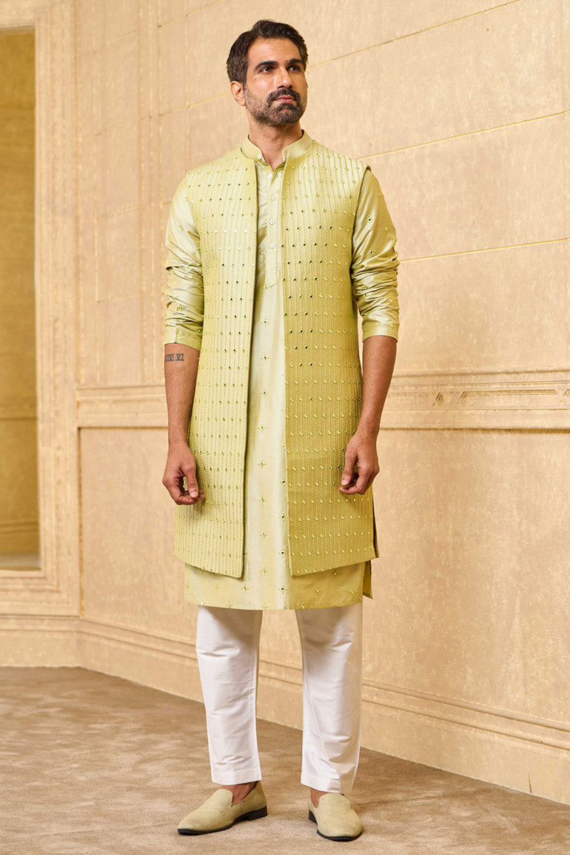 Light Green Mirror Work Kurta Bundi Set