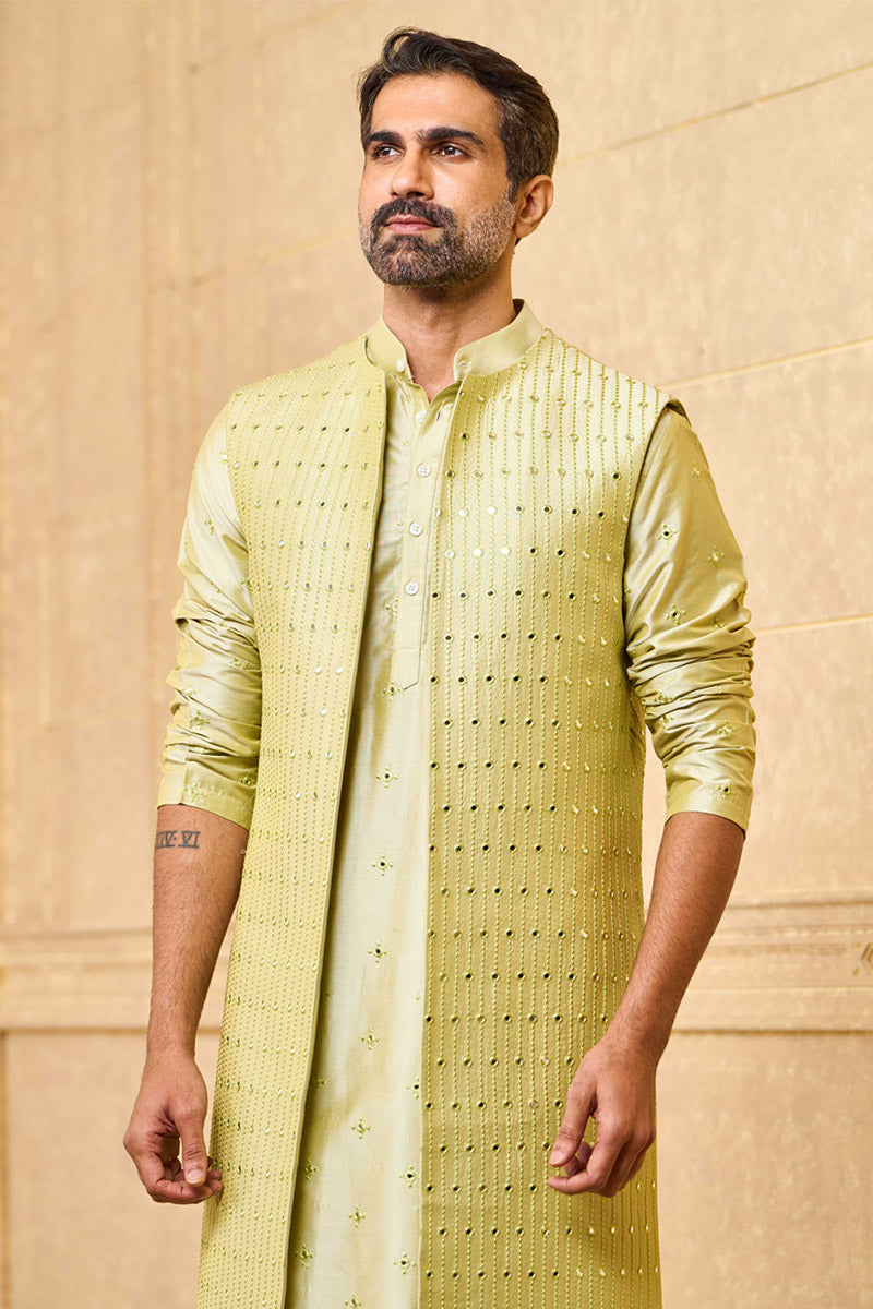 Light Green Mirror Work Kurta Bundi Set