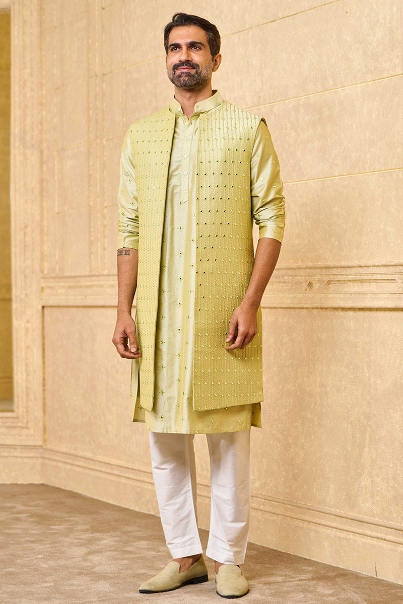 Light Green Mirror Work Kurta Bundi Set