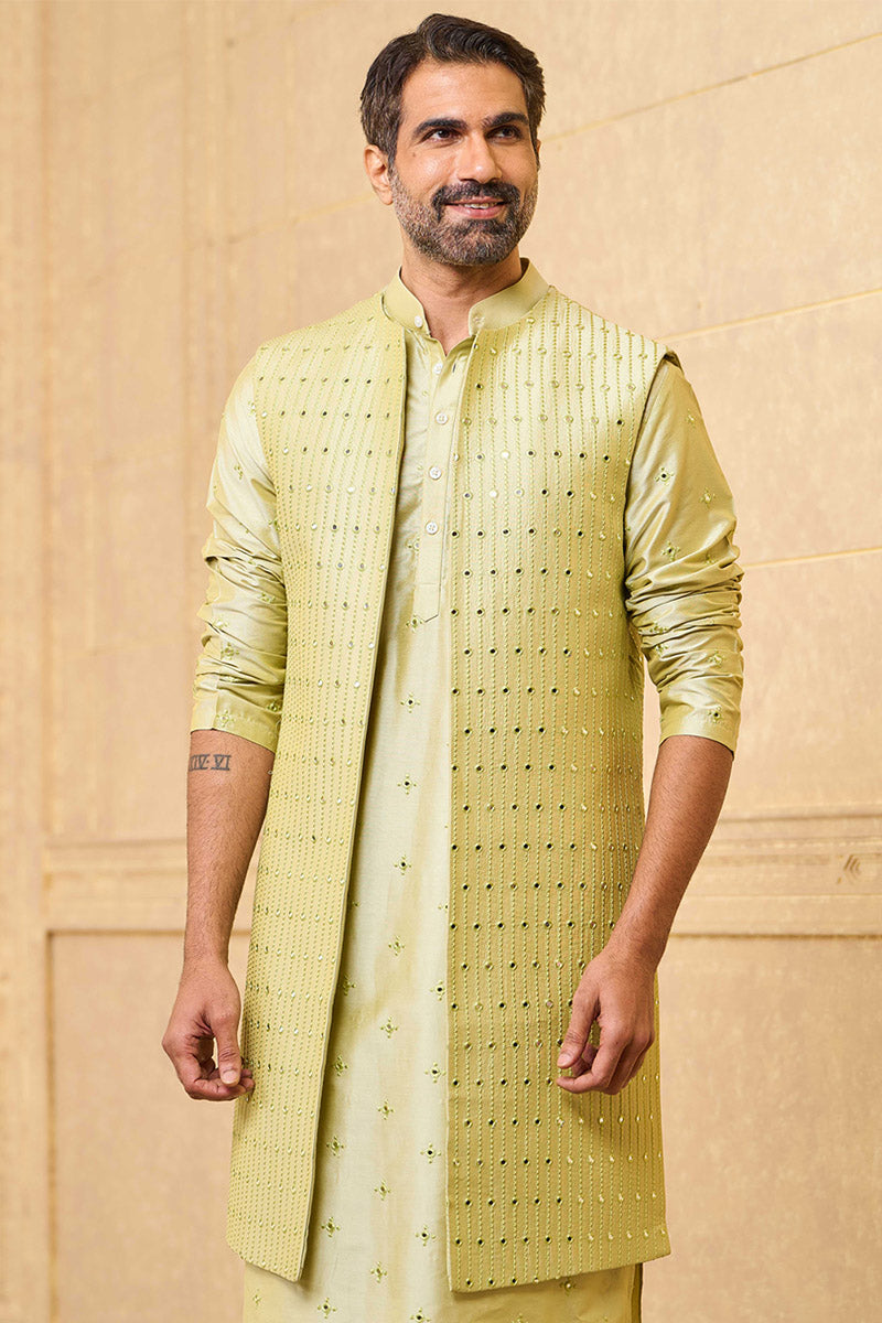 Light Green Mirror Work Kurta Bundi Set