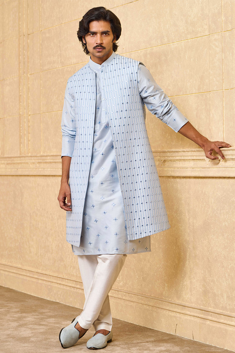 Blue Mirror Work Kurta Bundi Set