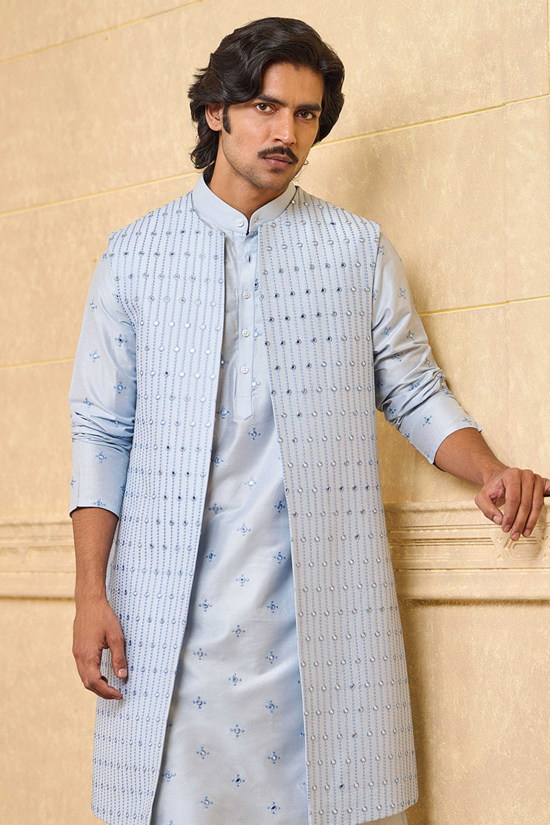 Blue Mirror Work Kurta Bundi Set