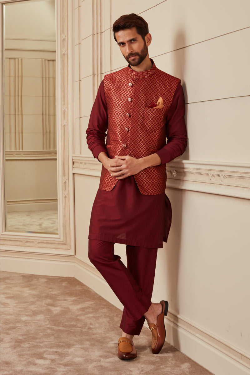 Maroon Brocade Kurta Bundi Set