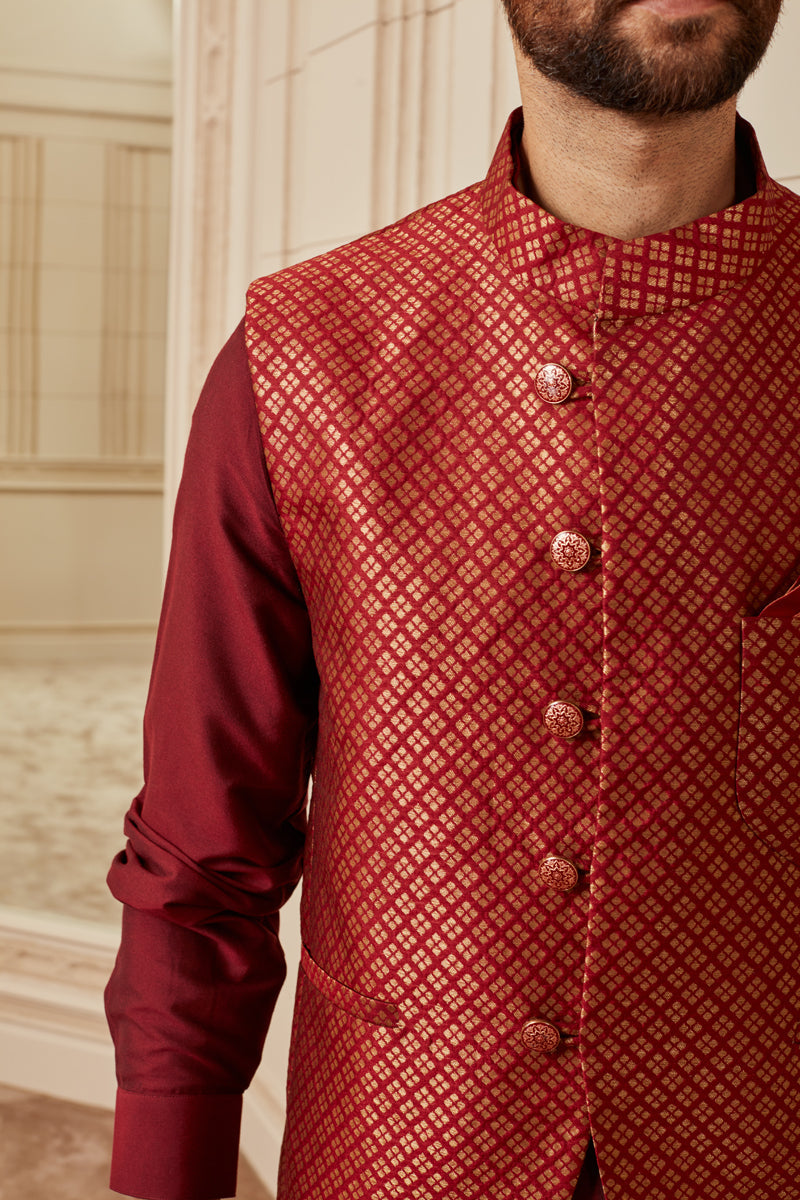 Maroon Brocade Kurta Bundi Set