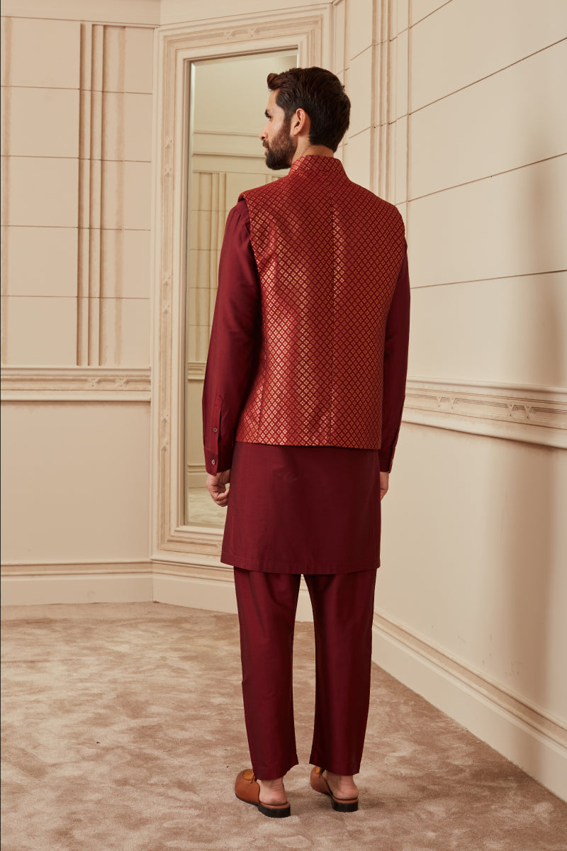 Maroon Brocade Kurta Bundi Set