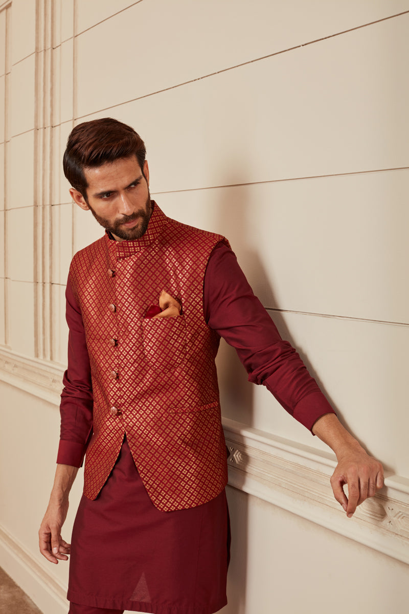 Maroon Brocade Kurta Bundi Set