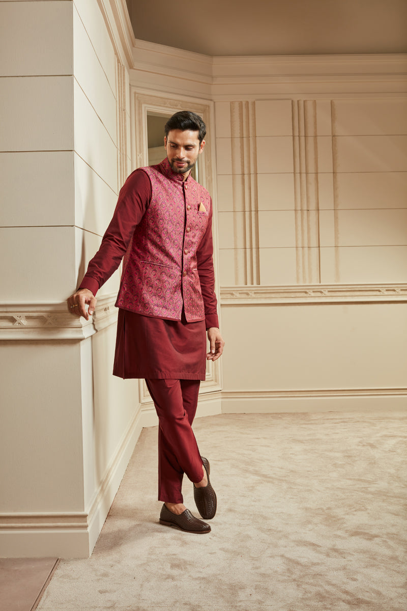 Wine Jacquard Kurta Bundi Set