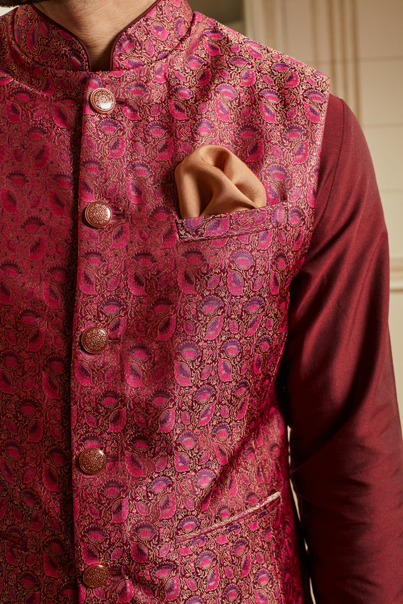 Wine Jacquard Kurta Bundi Set