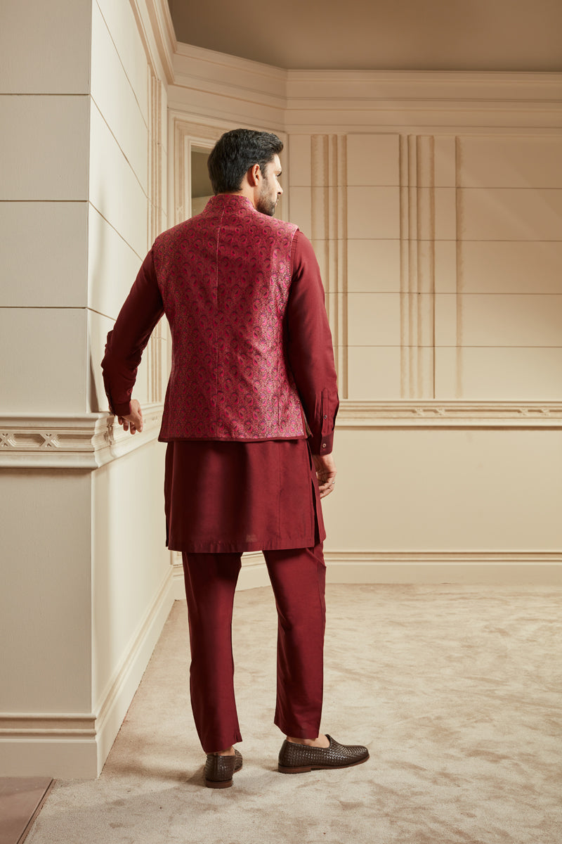 Wine Jacquard Kurta Bundi Set