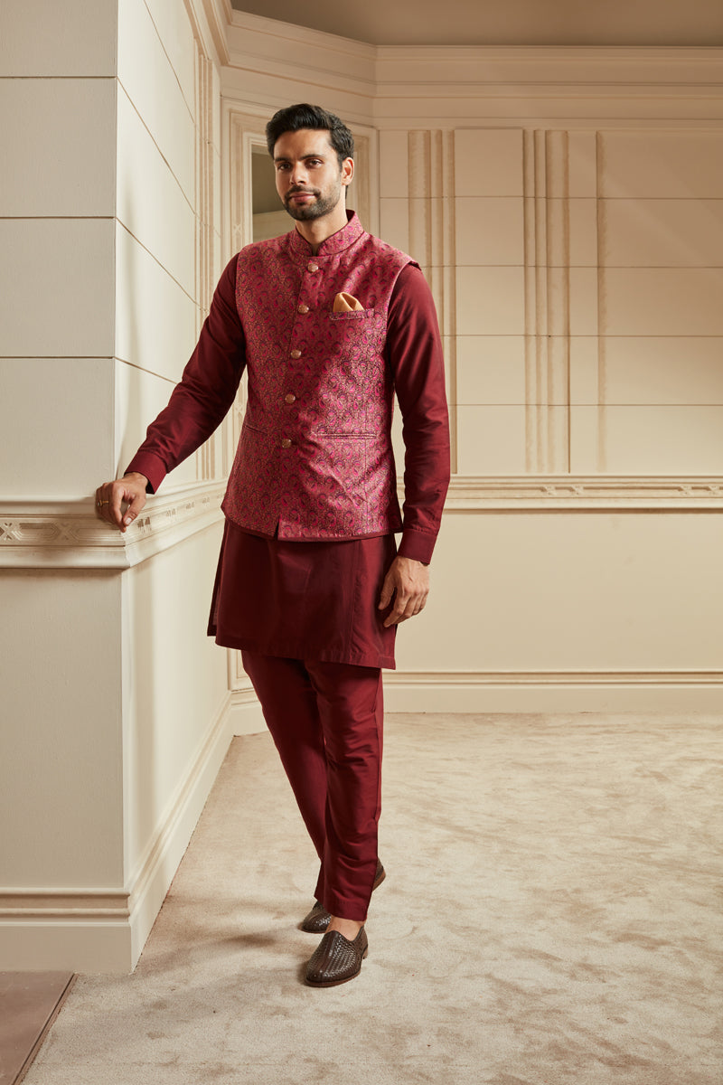 Wine Jacquard Kurta Bundi Set