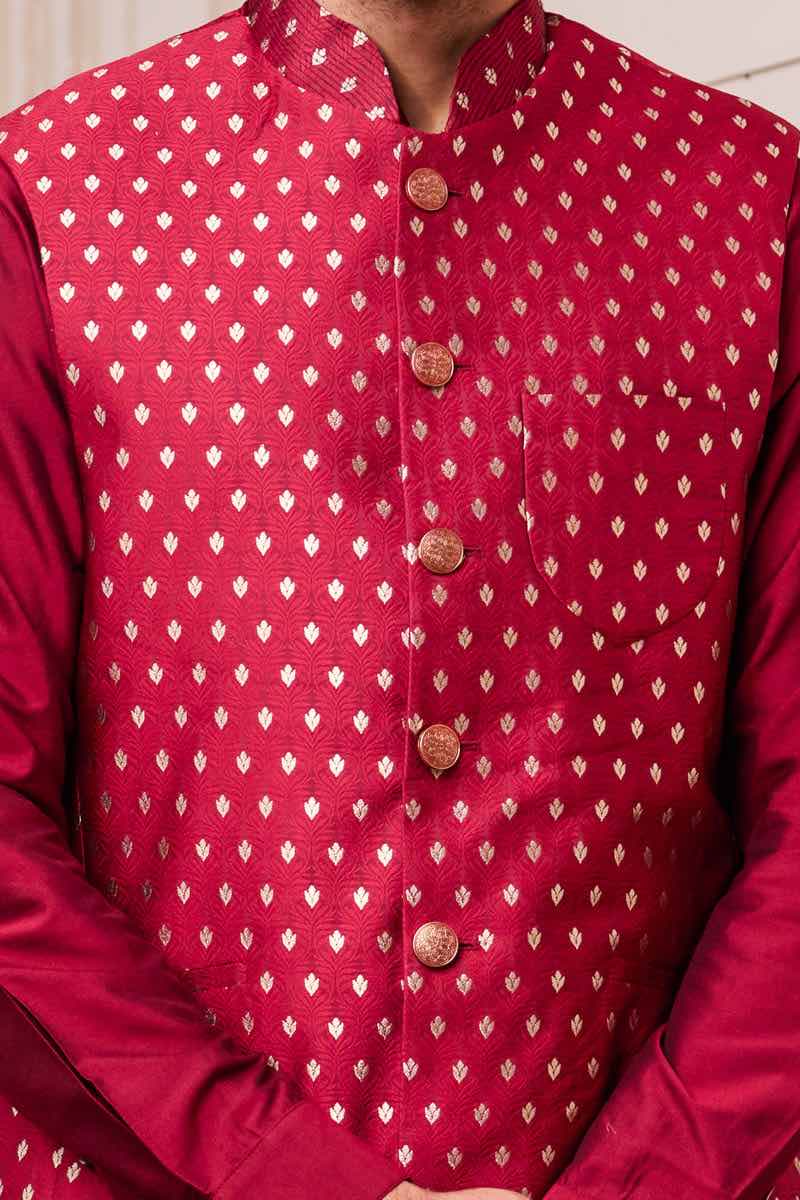 Red Brocade Kurta Bundi Set