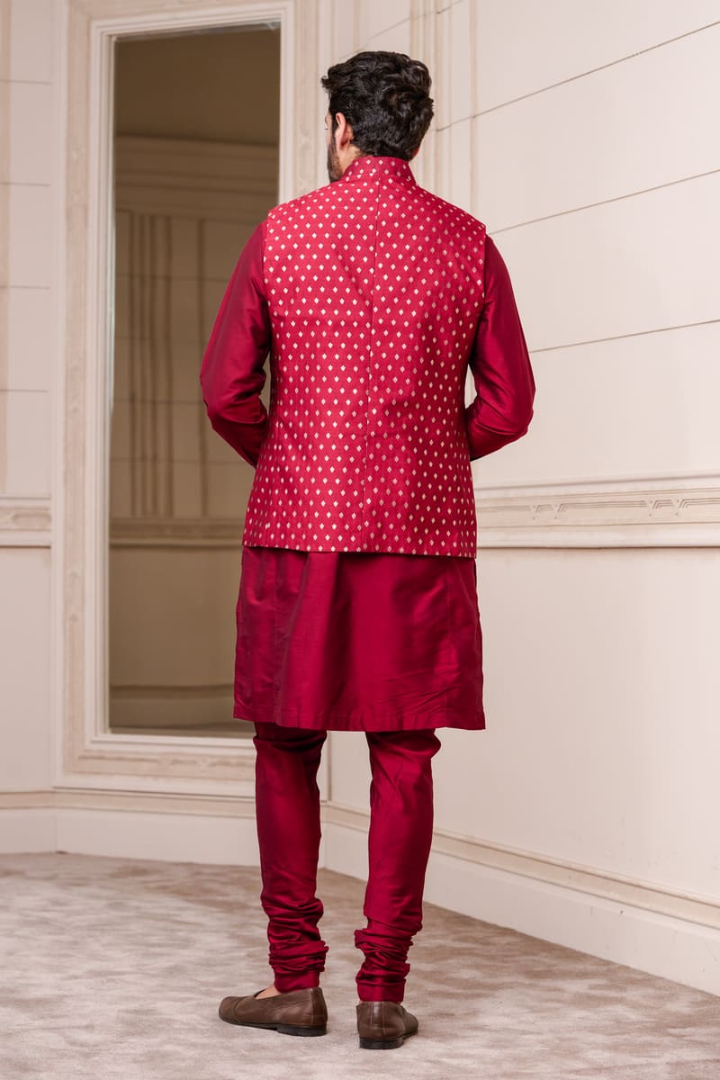 Red Brocade Kurta Bundi Set