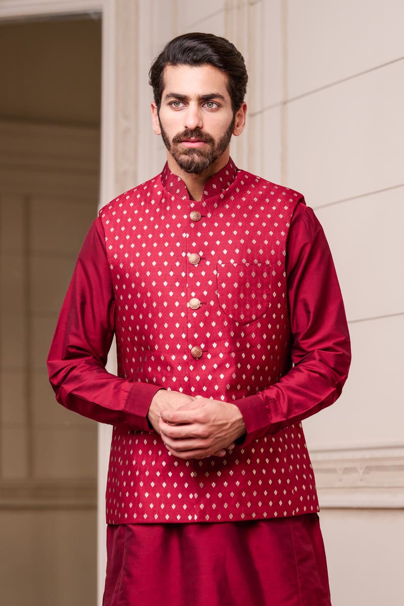 Red Brocade Kurta Bundi Set