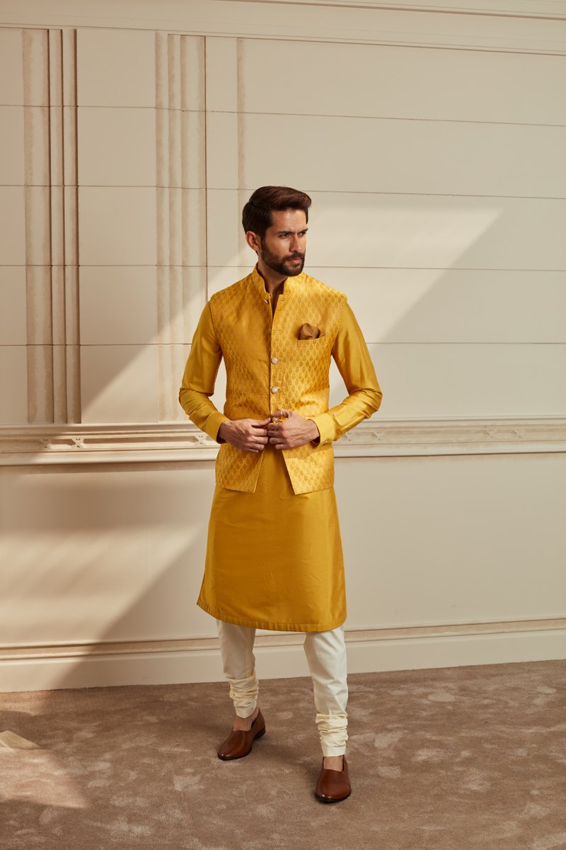 Yellow Jacquard Kurta Bundi Set