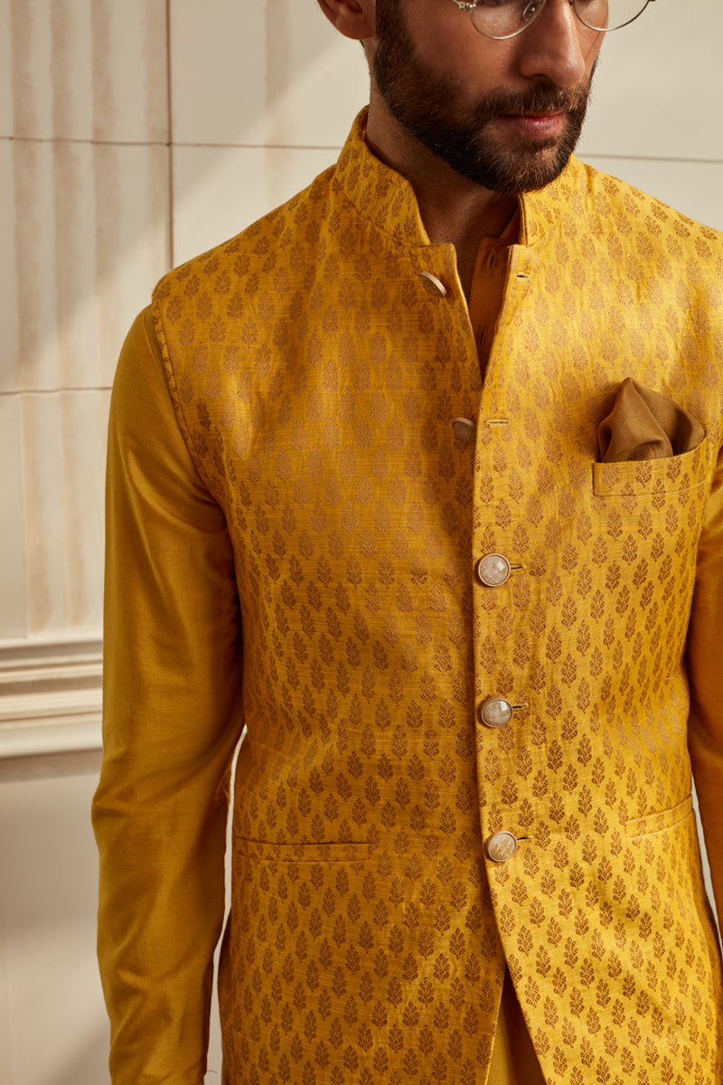 Yellow Jacquard Kurta Bundi Set