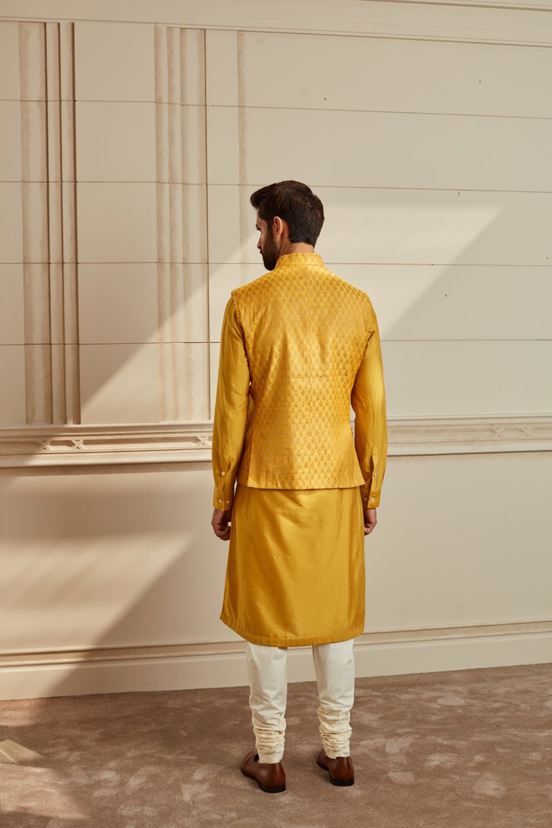 Yellow Jacquard Kurta Bundi Set