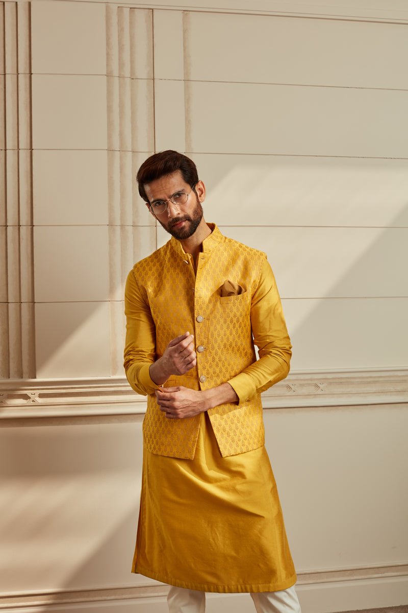 Yellow Jacquard Kurta Bundi Set