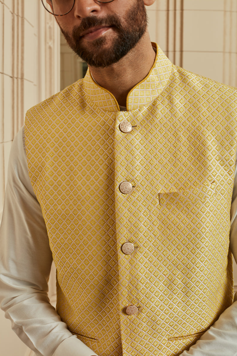 Yellow Jacquard Kurta Bundi Set