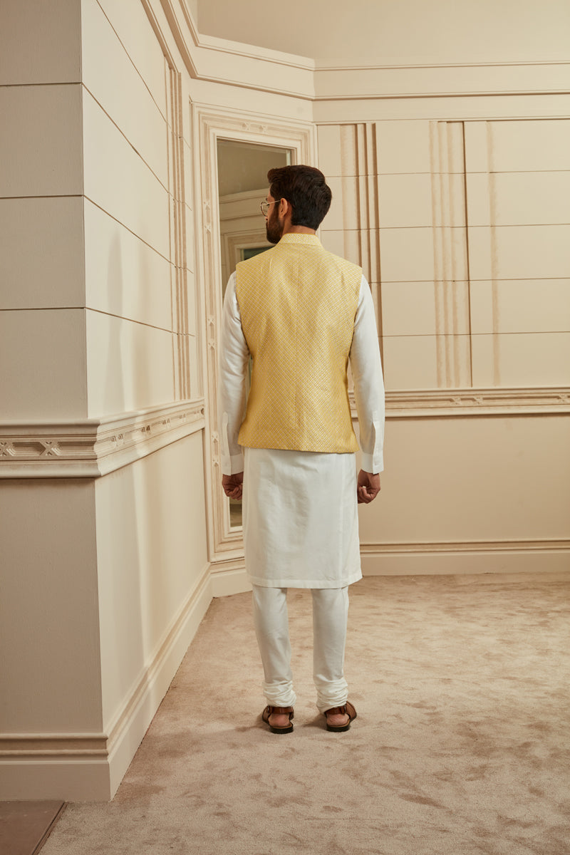 Yellow Jacquard Kurta Bundi Set