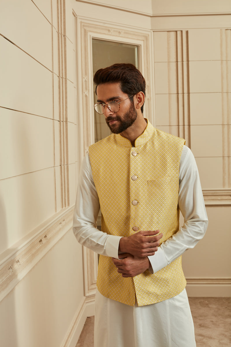 Yellow Jacquard Kurta Bundi Set