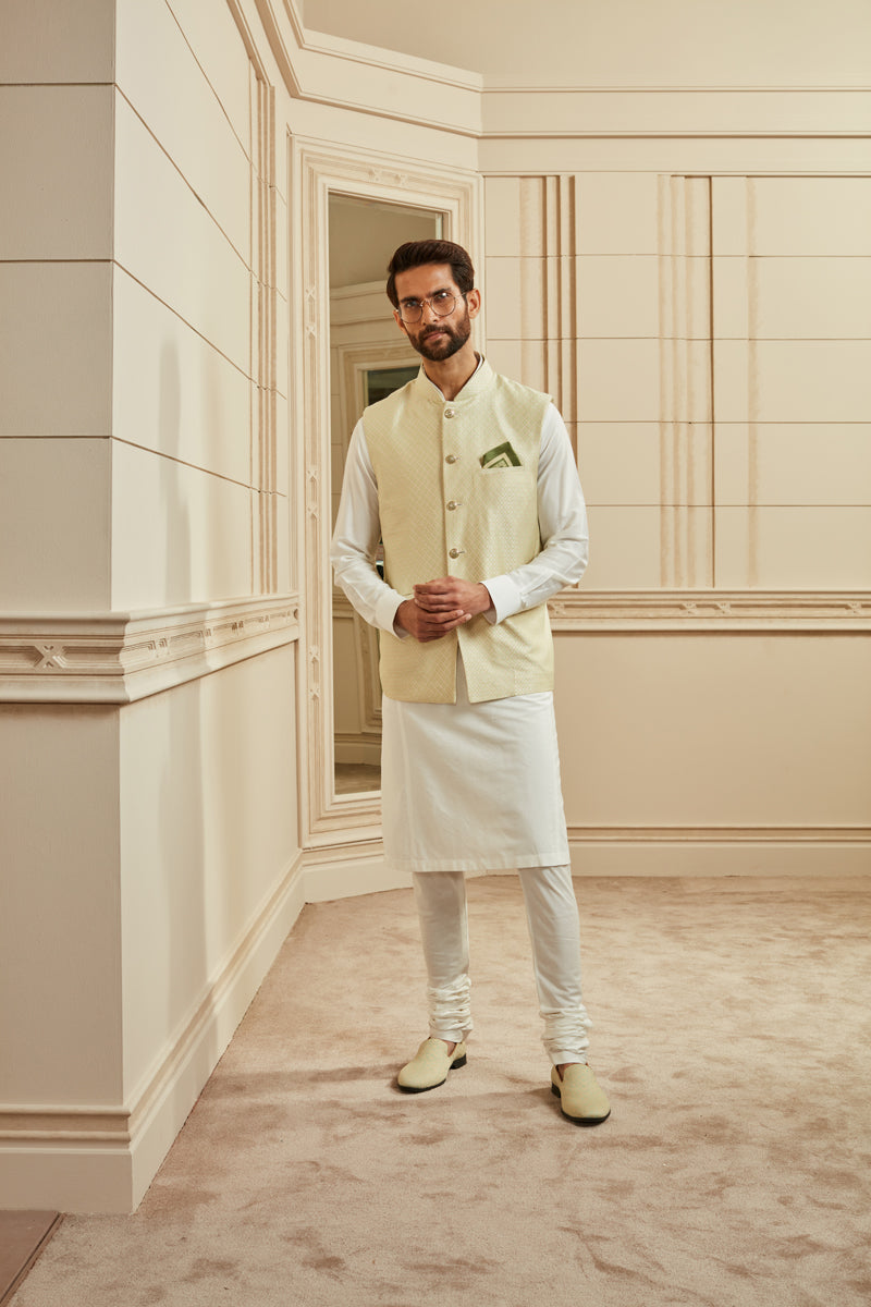 Light Green Jacquard Kurta Bundi Set