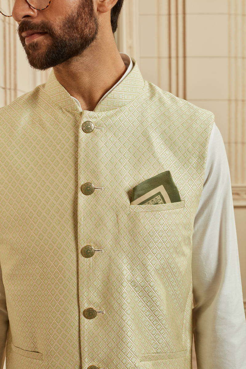 Light Green Jacquard Kurta Bundi Set