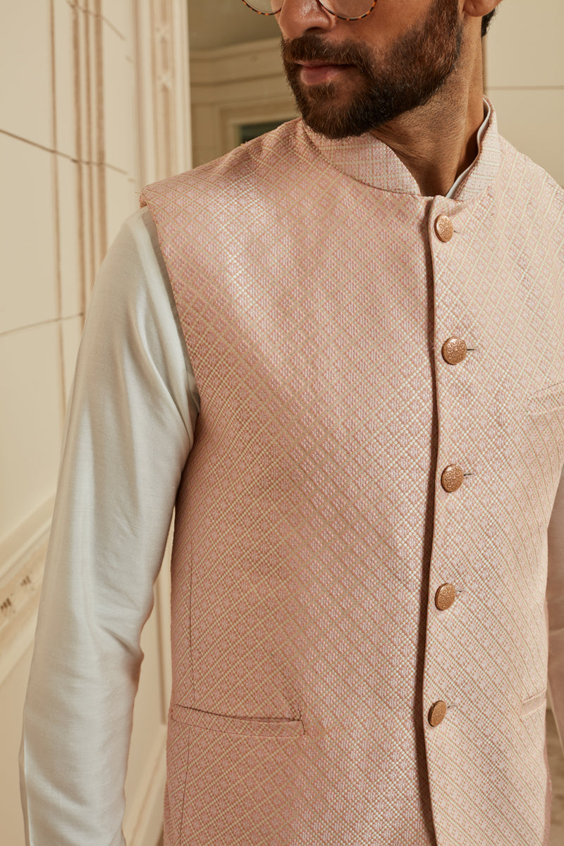 Pink Jacquard Kurta Bundi Set