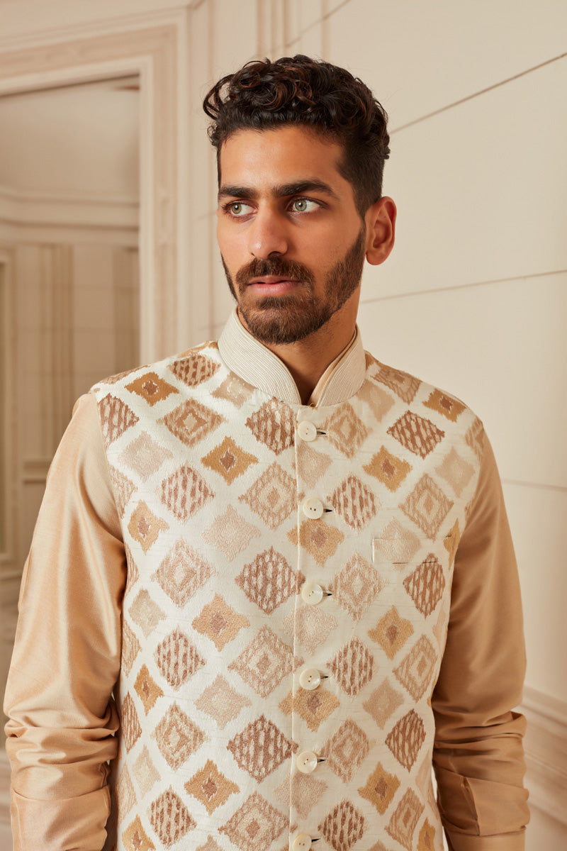 Beige Silk Kurta Bundi Set