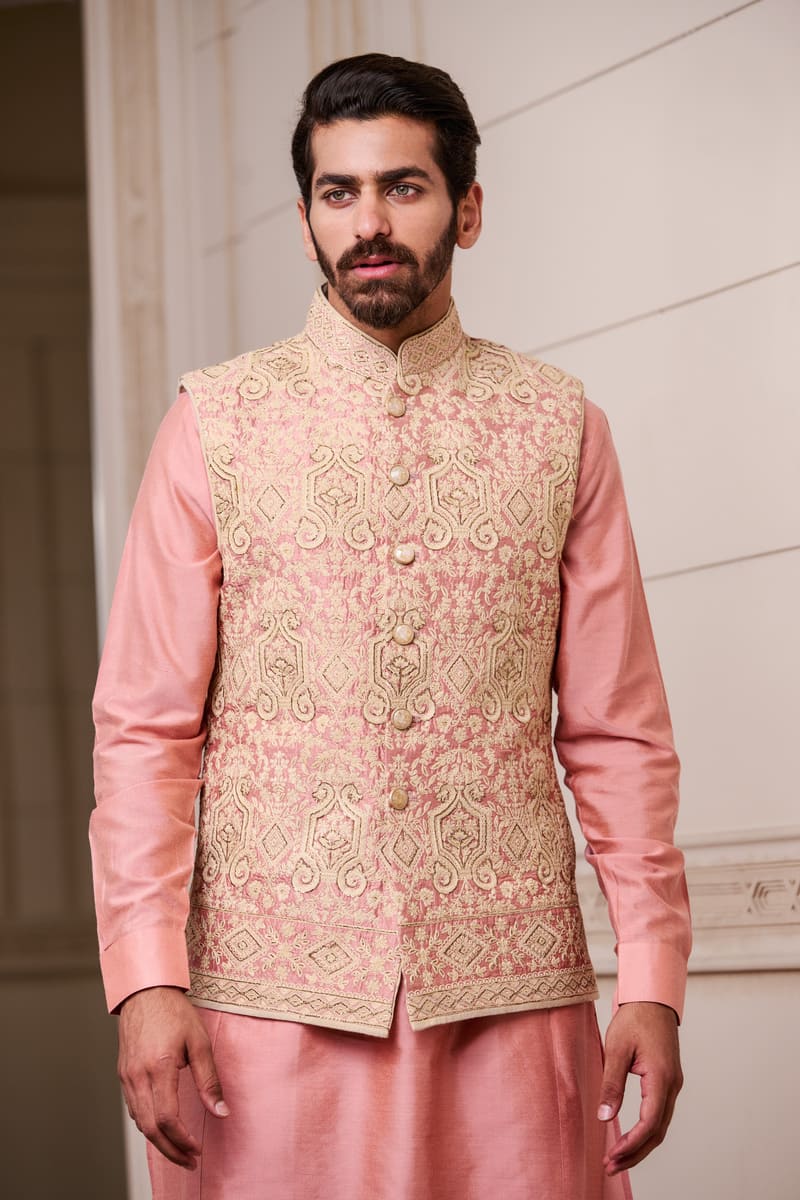 Nude Thread and Pitta Embroidered Kurta Bundi Set