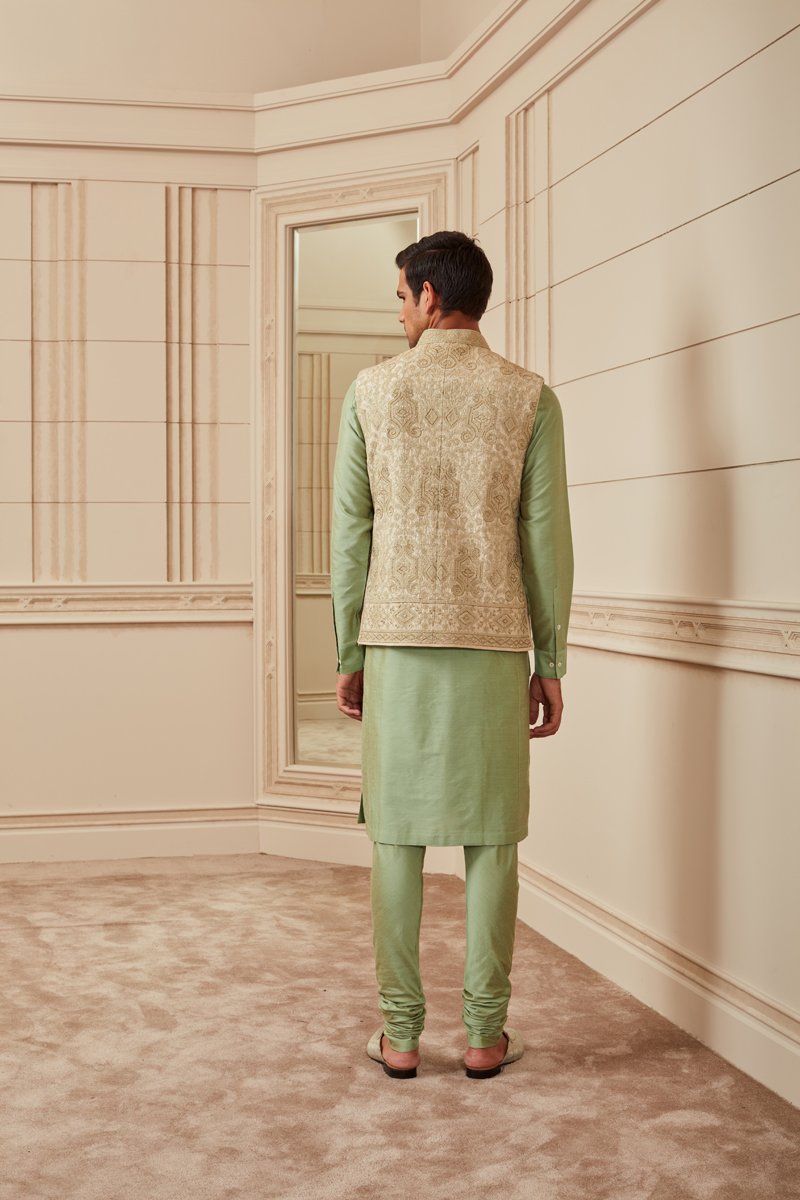 Light Green Embroidered Silk Brocade Kurta Bundi Set