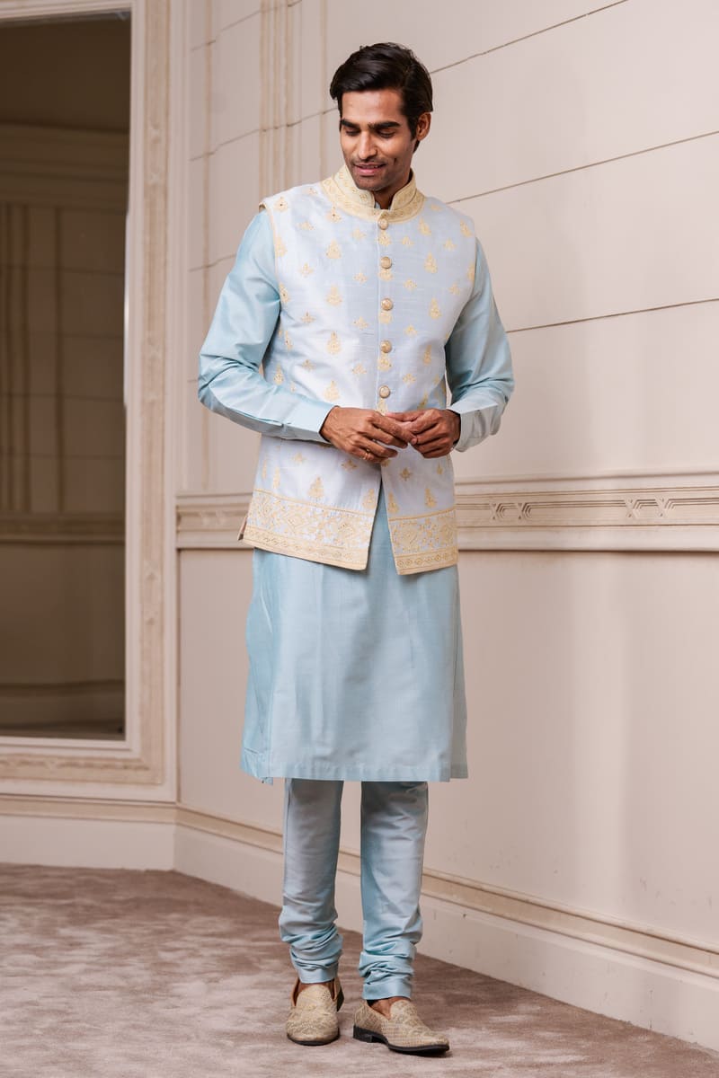 Light Blue Embroidered Silk Brocade Kurta Bundi Set