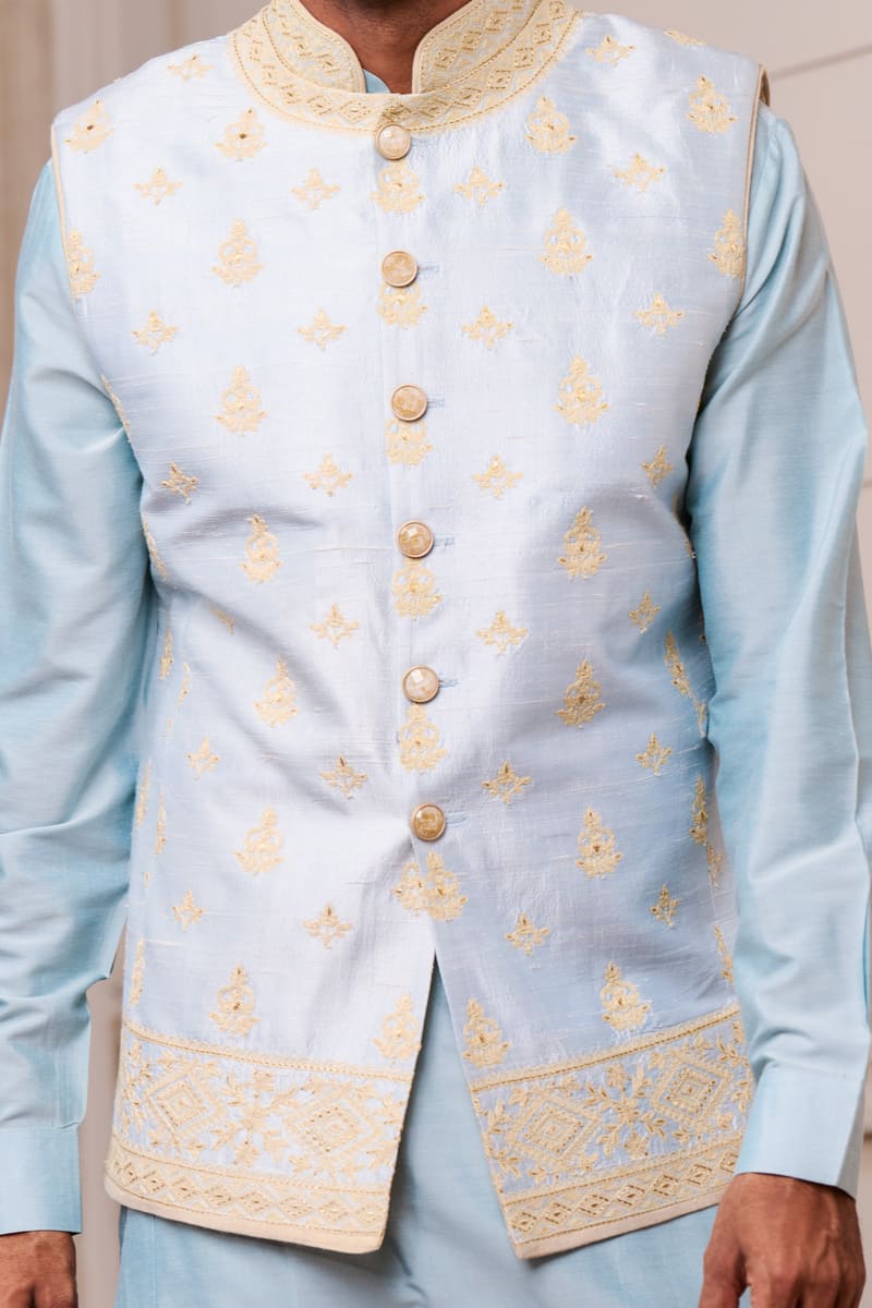 Light Blue Embroidered Silk Brocade Kurta Bundi Set