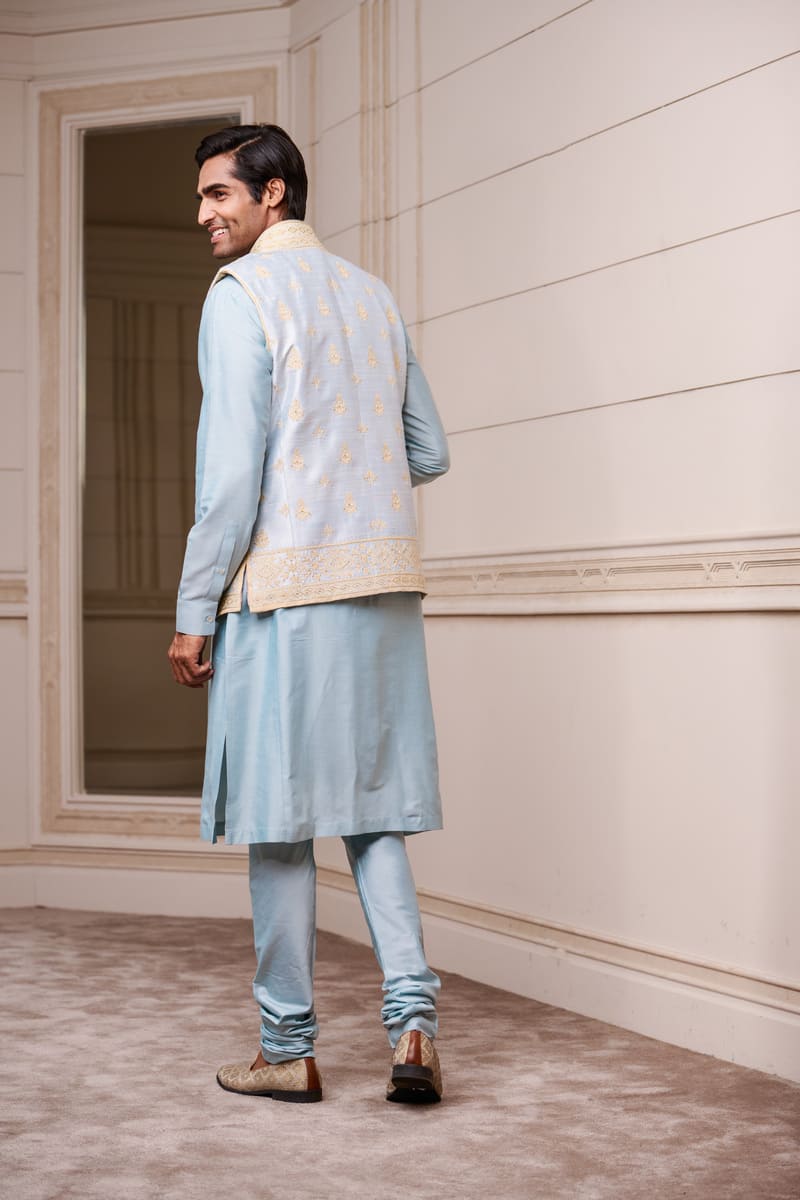 Light Blue Embroidered Silk Brocade Kurta Bundi Set