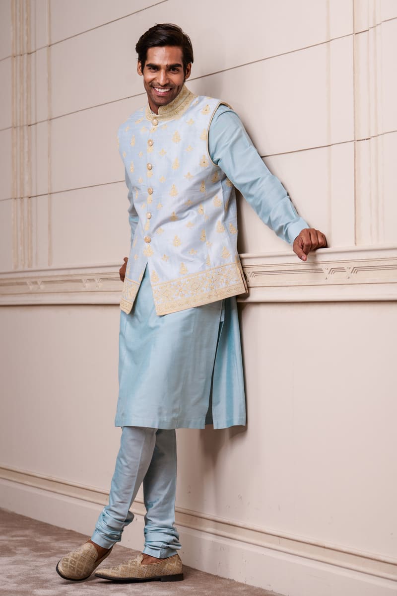 Light Blue Embroidered Silk Brocade Kurta Bundi Set