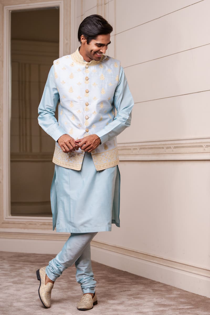 Light Blue Embroidered Silk Brocade Kurta Bundi Set