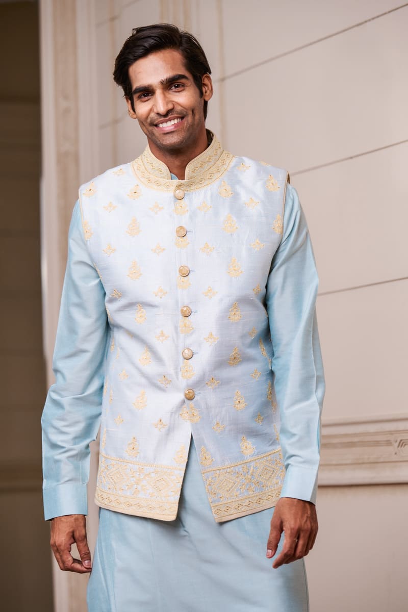 Light Blue Embroidered Silk Brocade Kurta Bundi Set