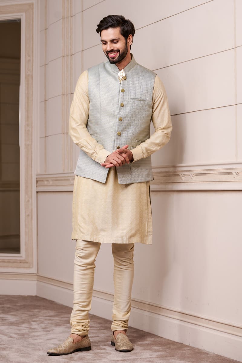 Light Blue Jacquard Kurta Bundi Set