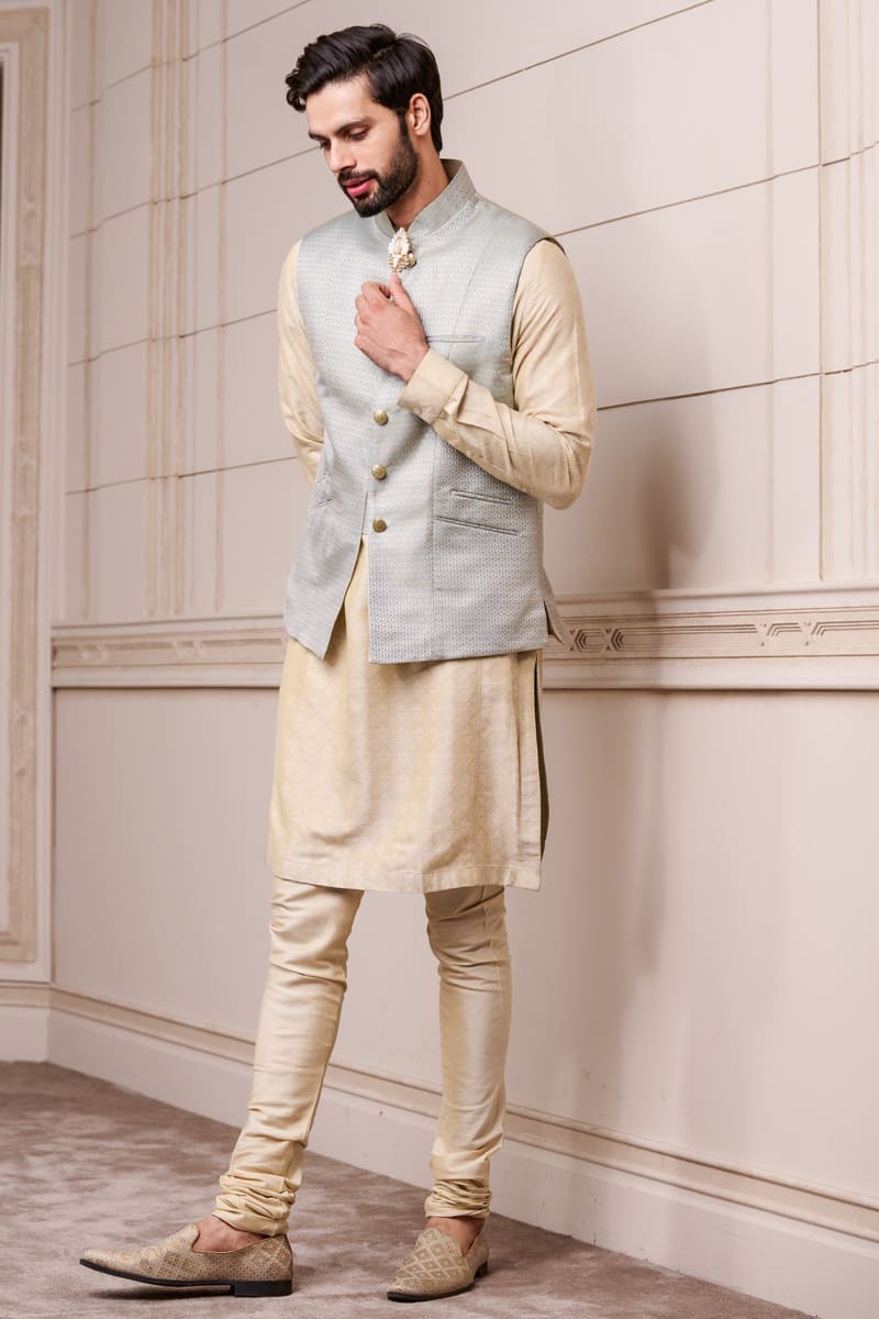 Light Blue Jacquard Kurta Bundi Set