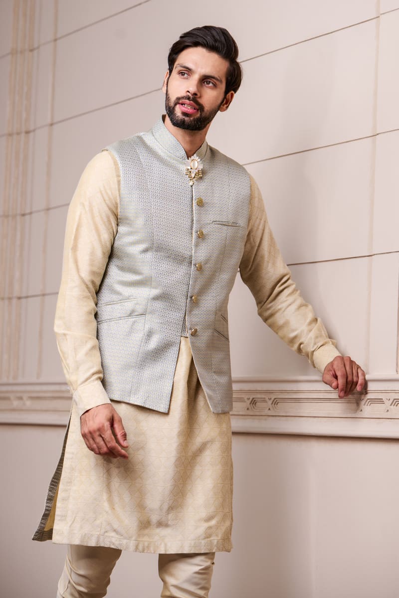 Light Blue Jacquard Kurta Bundi Set