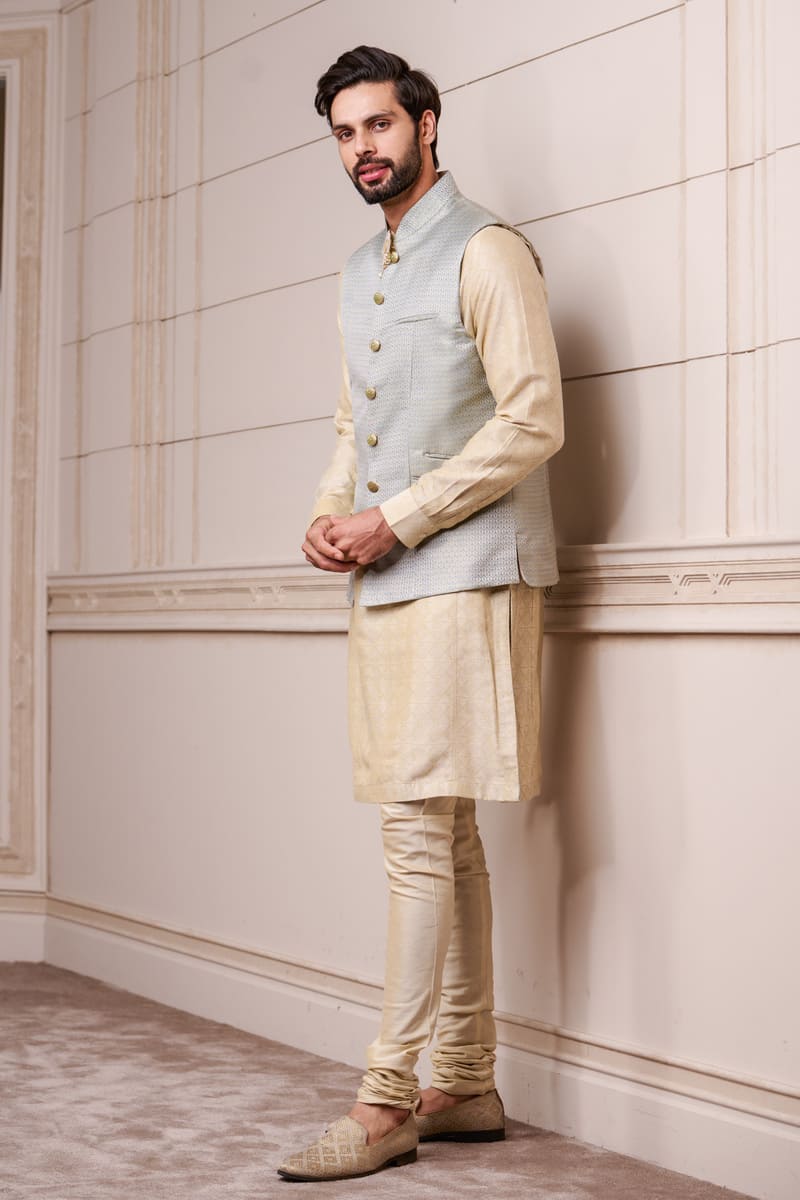 Light Blue Jacquard Kurta Bundi Set