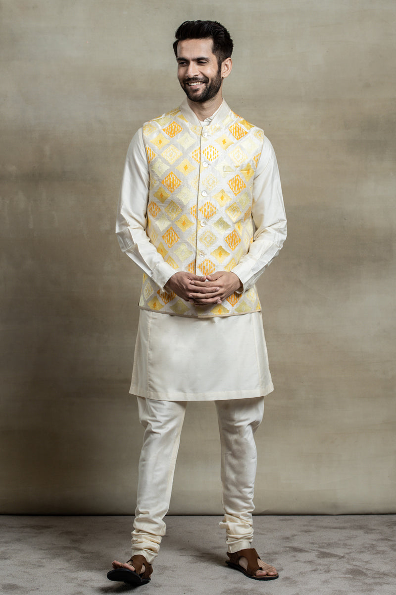 Yellow All Over Thread Embroidered Kurta Bundi Set