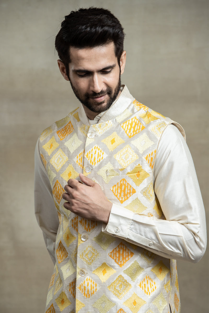 Yellow All Over Thread Embroidered Kurta Bundi Set