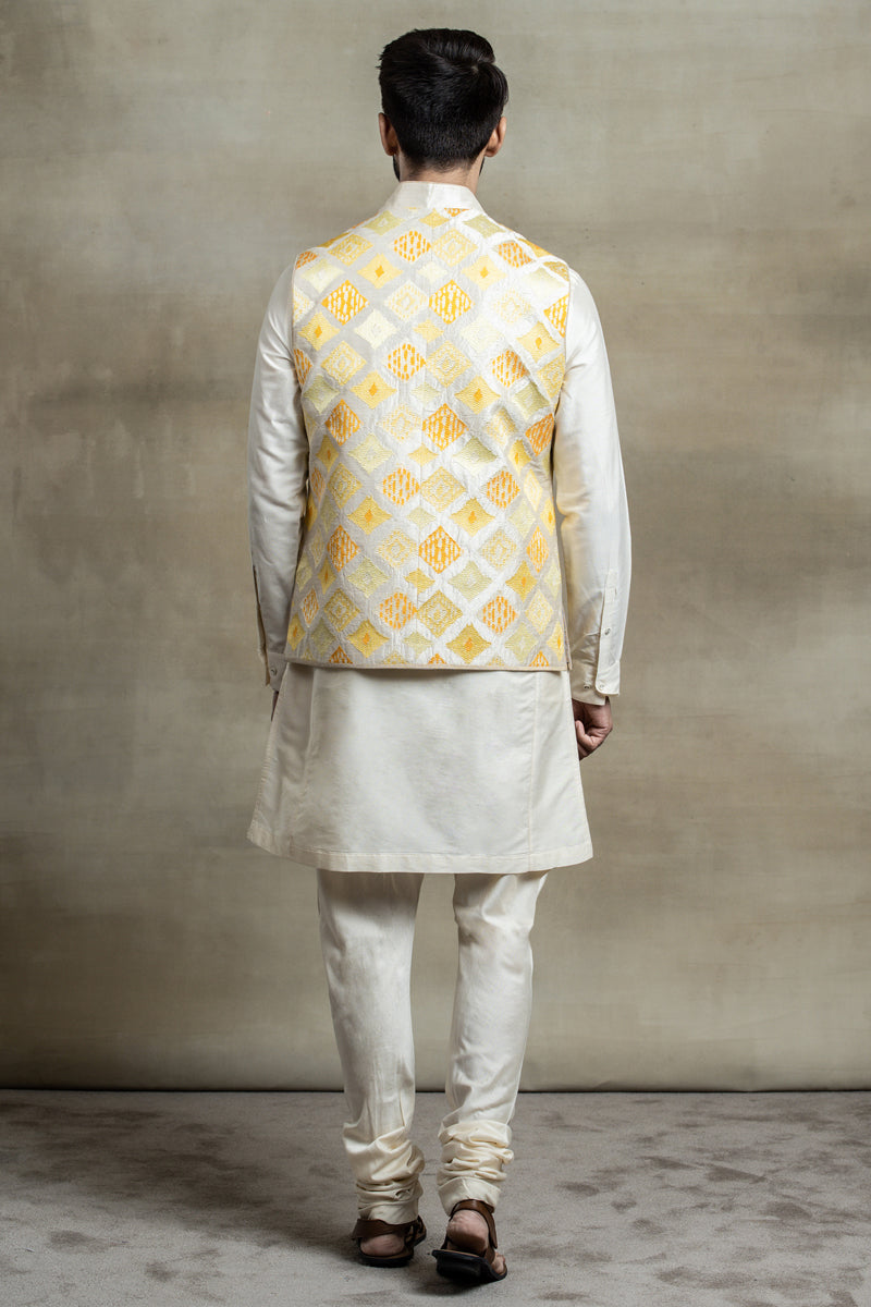 Yellow All Over Thread Embroidered Kurta Bundi Set