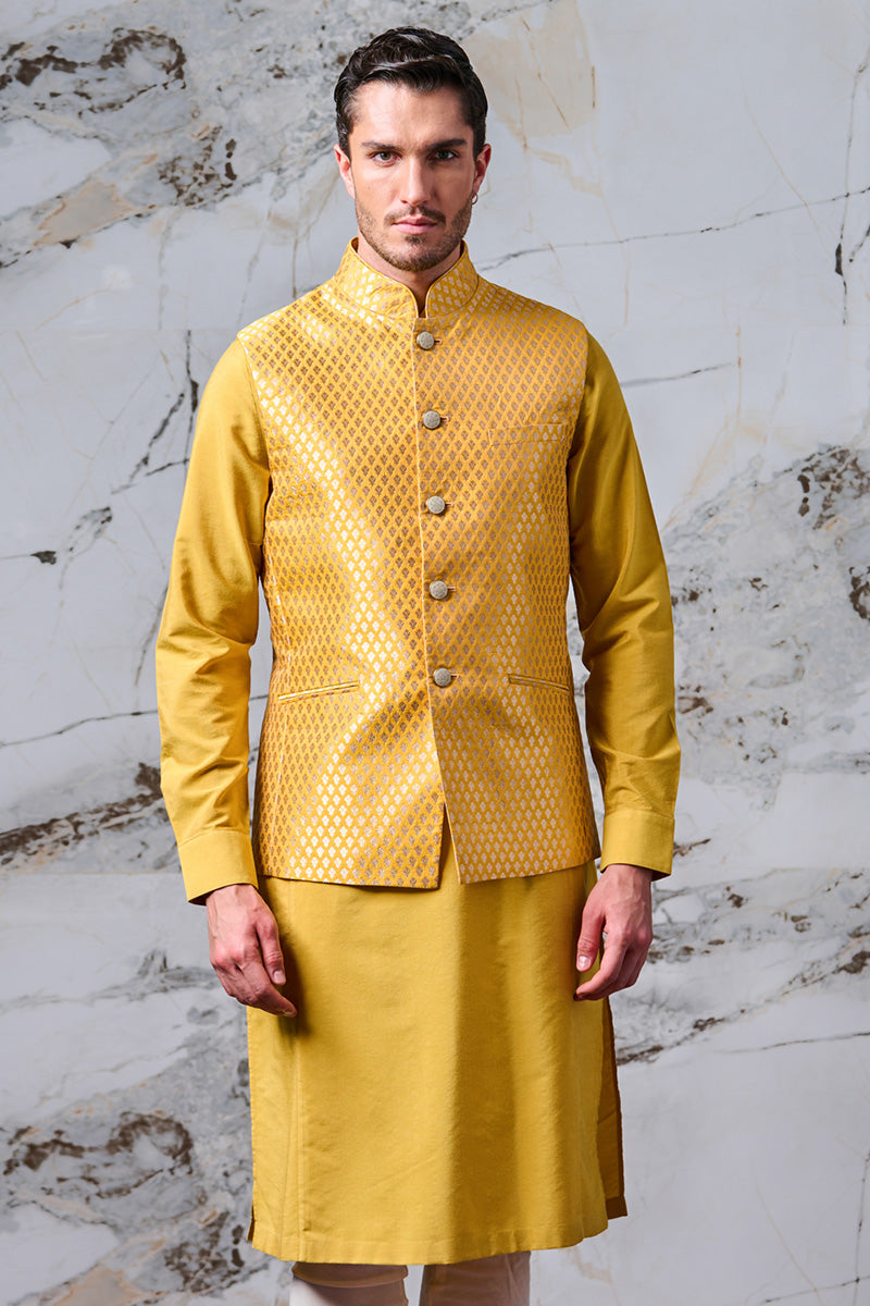 Yellow Resham Brocade Kurta Bundi Set