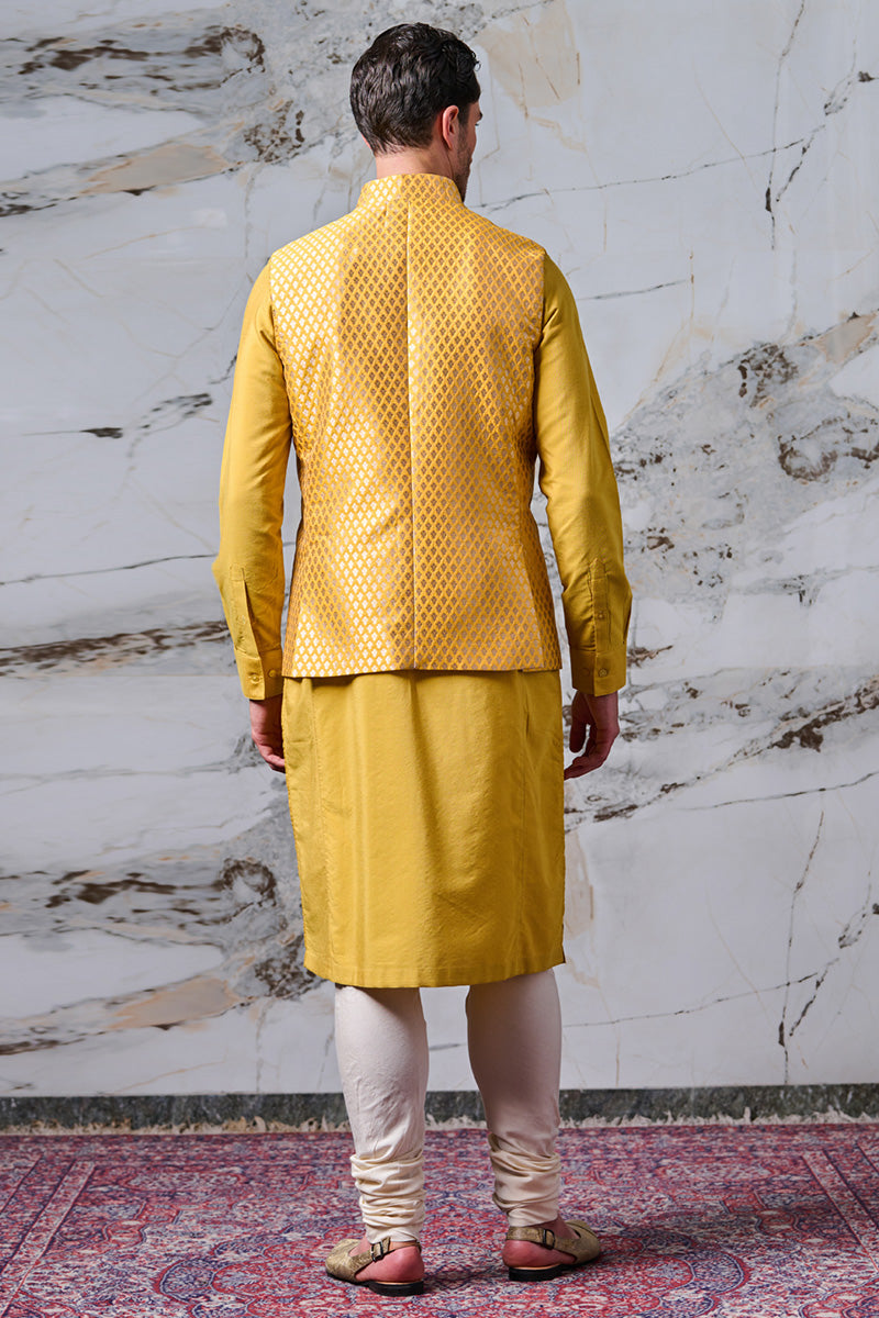 Yellow Resham Brocade Kurta Bundi Set