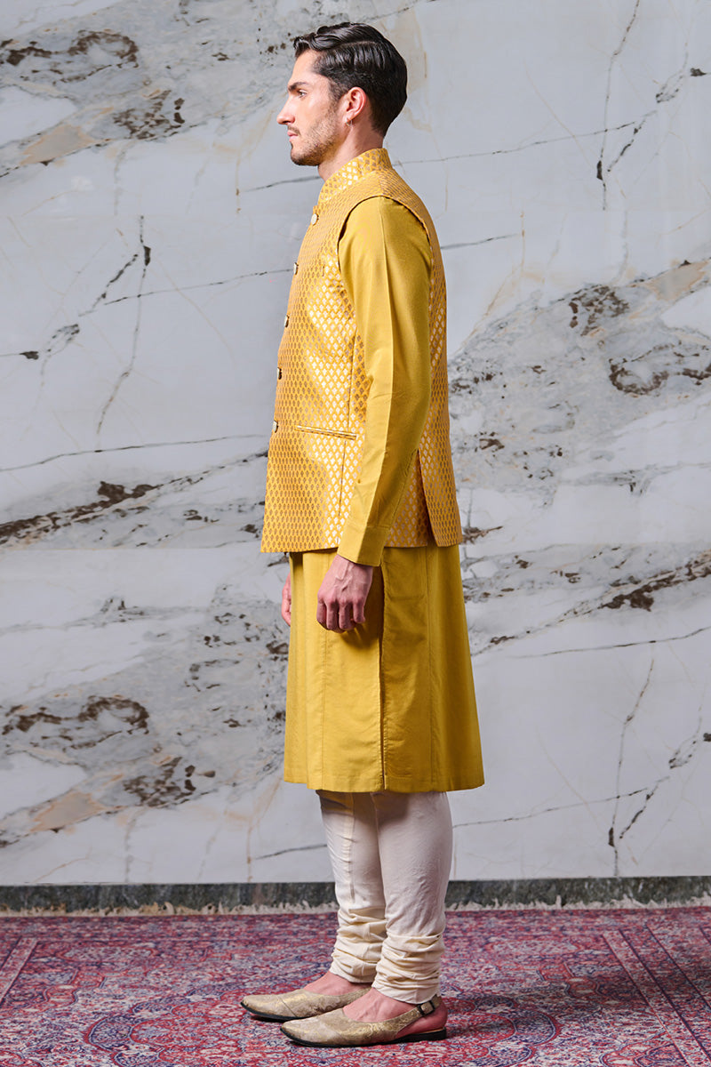 Yellow Resham Brocade Kurta Bundi Set