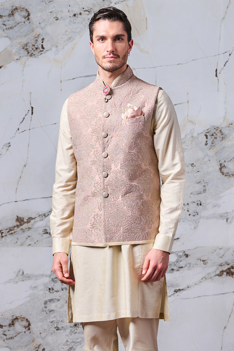 Pink Silk Embroidered Kurta Bundi Set