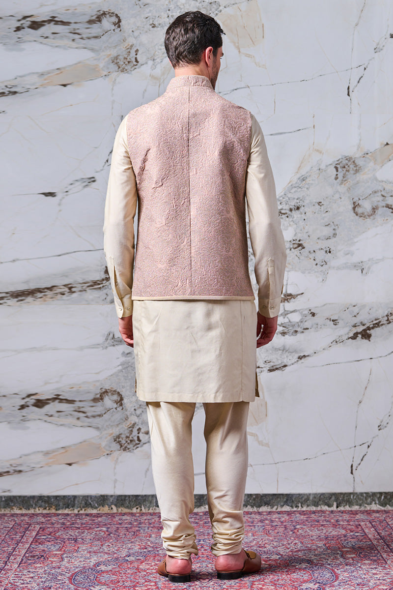 Pink Silk Embroidered Kurta Bundi Set