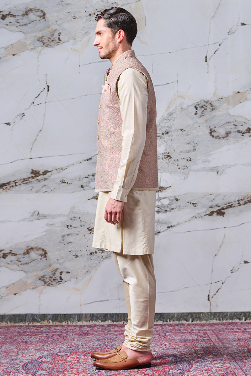 Pink Silk Embroidered Kurta Bundi Set