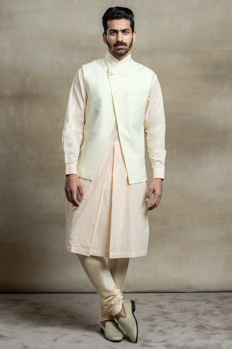 Light Green Cotton Asymmetrical Kurta Bundi Set